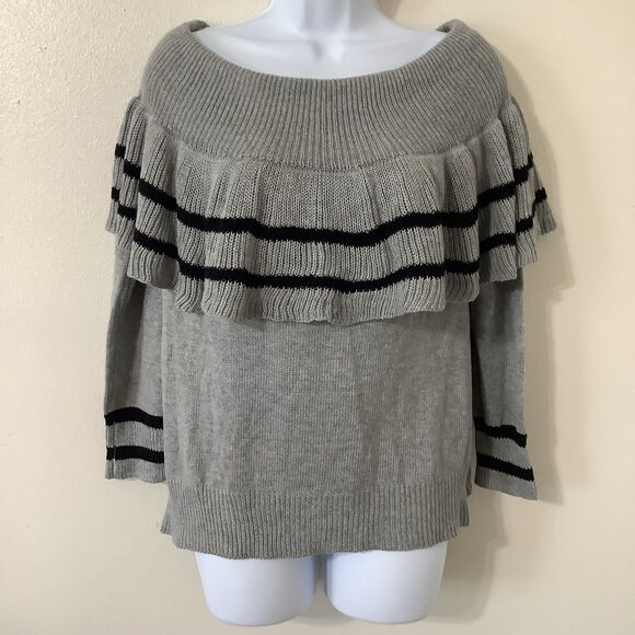 Very J Ruffle Top Knit Comfy Cozy Cozycore Grey Striped Knitted Sweater Large - Picture 1 of 11